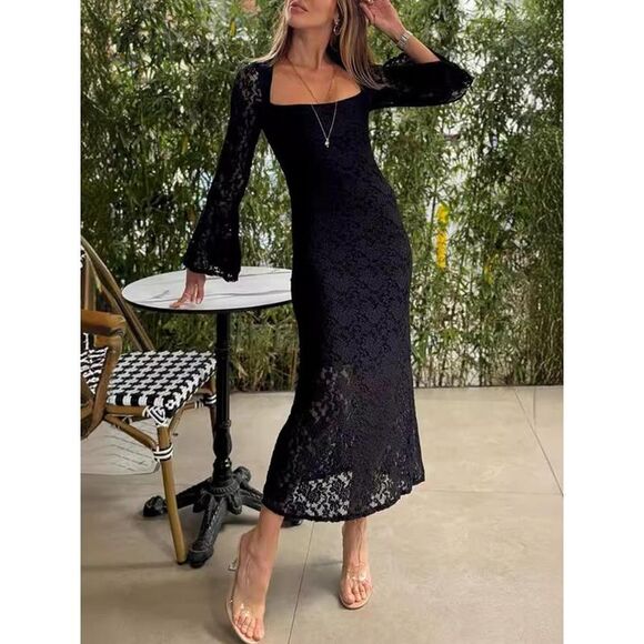 Everyday the Label Lace Bell Sleeve Square Neck Bodycon Dress Women Black - Picture 3 of 4